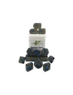 Polyhydral Diceset - 15 Dice: Translucent Black With Blue Numbers